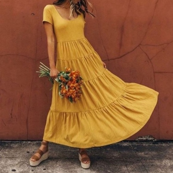 Maeve Anthropologie Mustard Yellow Gillian Tiered Maxi Dress sz S milkmaid - Picture 9 of 10